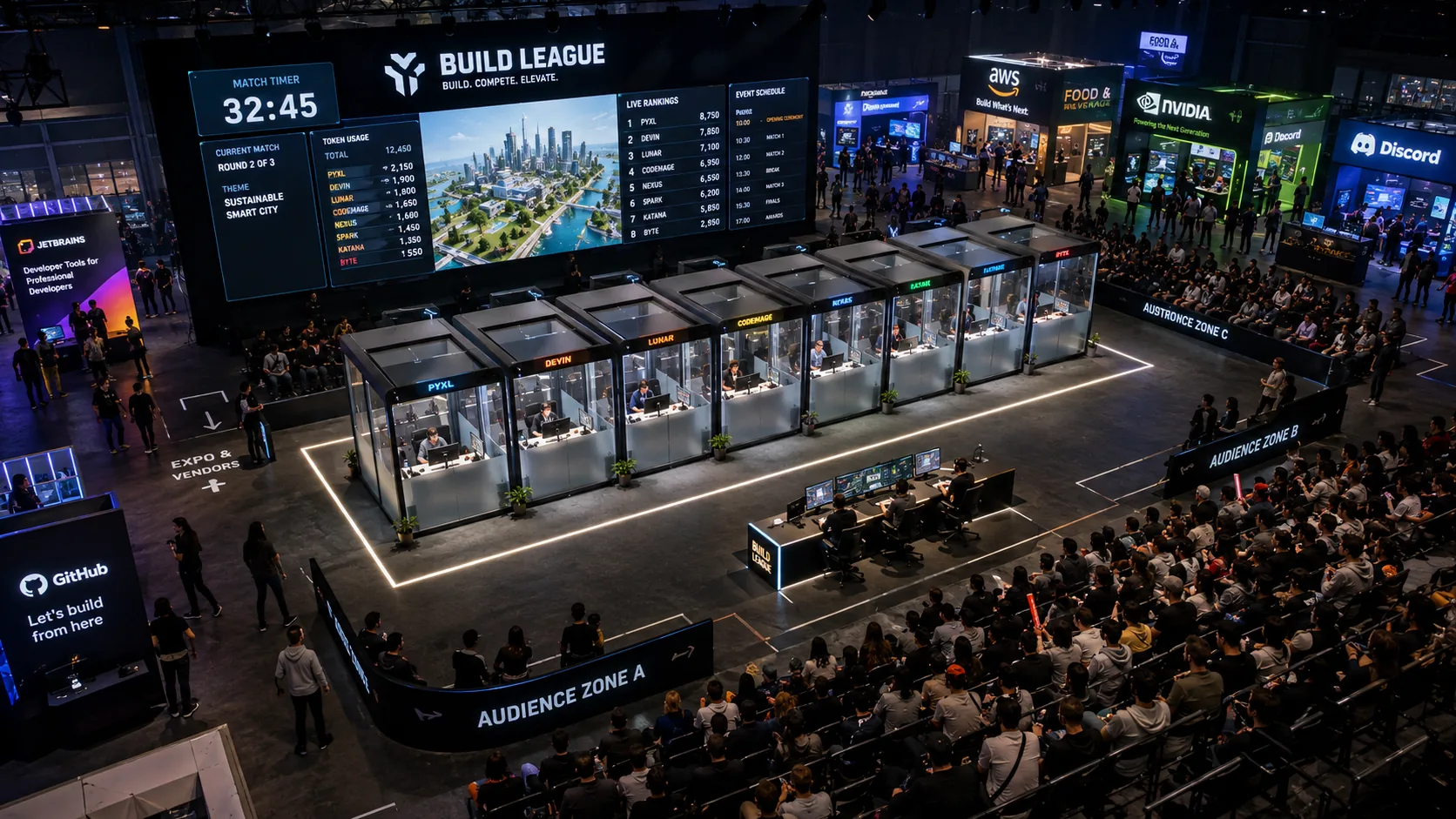 Overhead shot of builder pods on stage